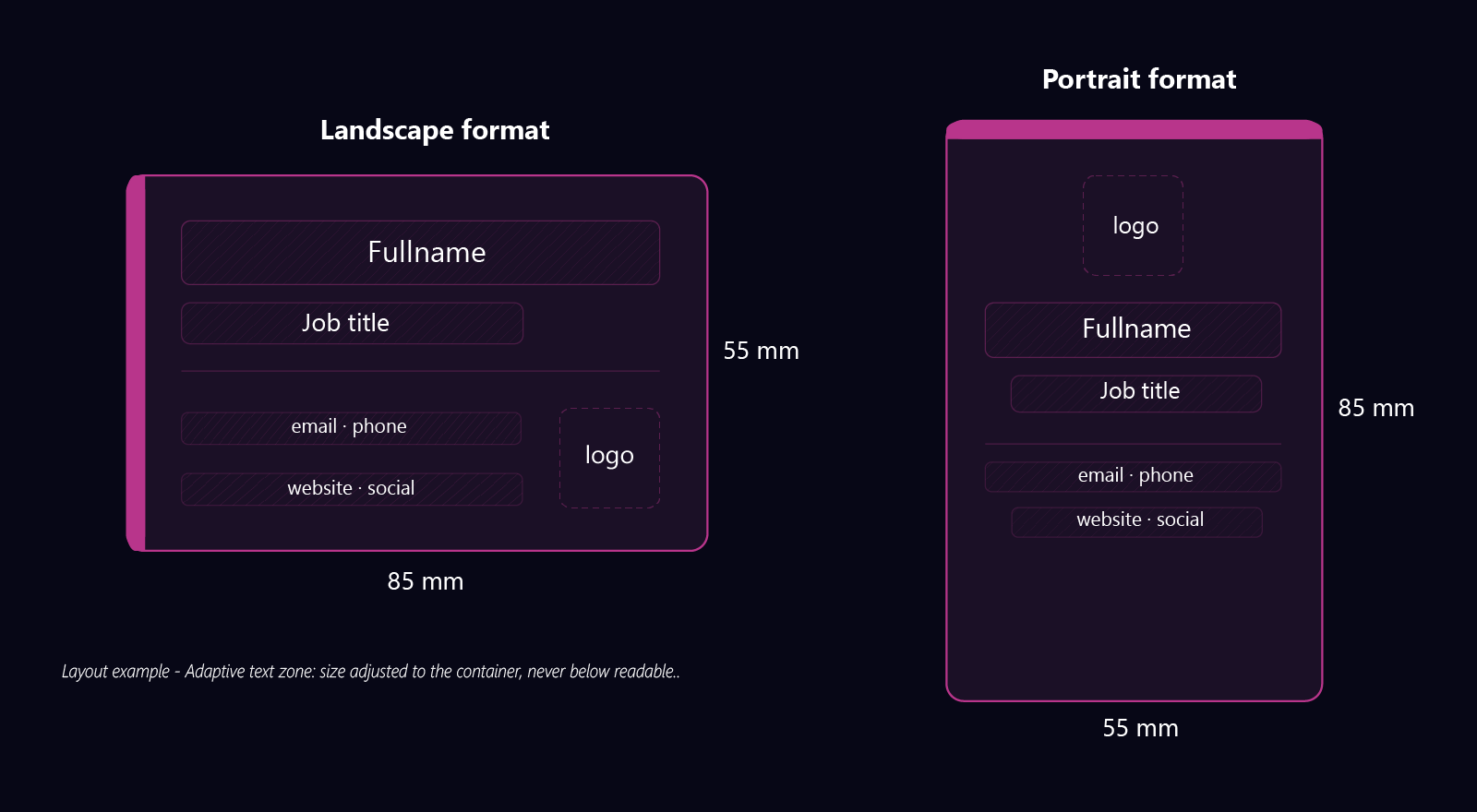 Standard business card template 85x55mm landscape and portrait with adaptive text zones