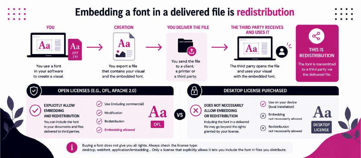 A font embedded in an exported file, depending on whether its license allows embedding or not