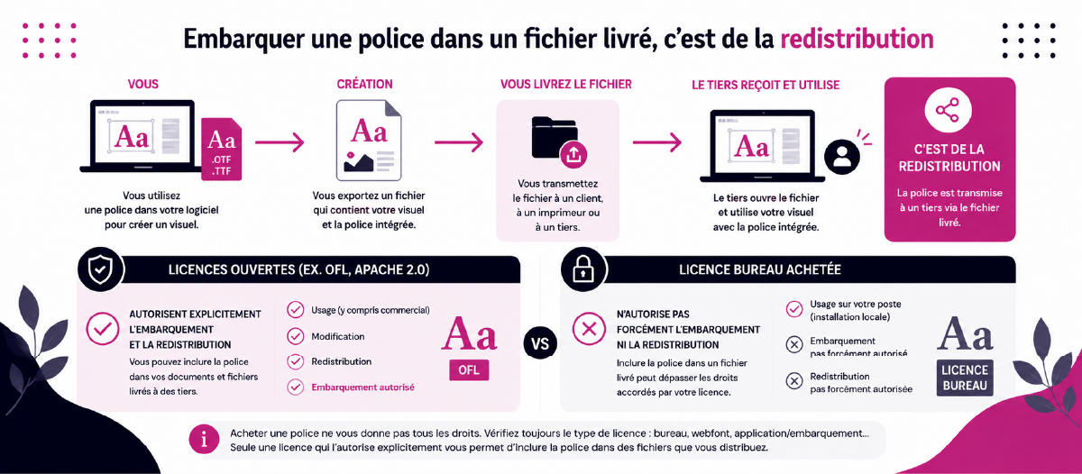 Une police embarquée dans un fichier exporté, selon que sa licence autorise ou non l'embarquement